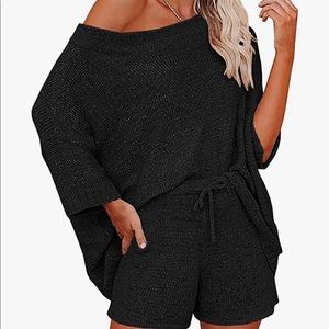 2 Piece Outfits Sweater Set. Off Shoulder Knit Top + Drawstring Waist Short
